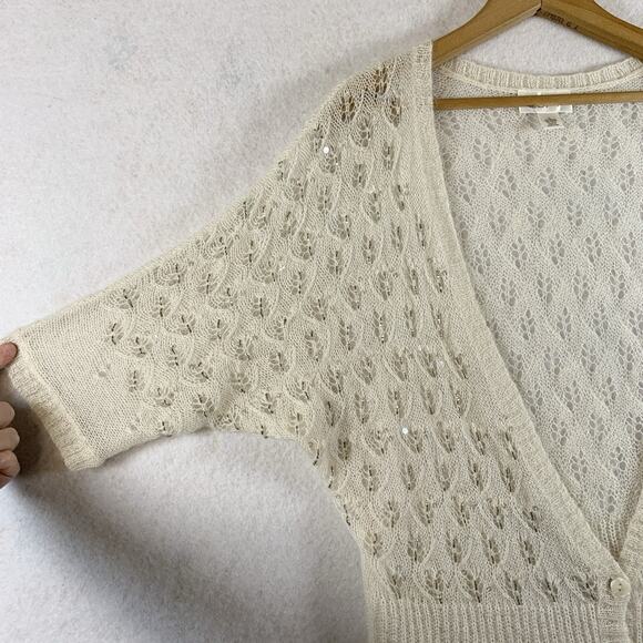 Ann Taylor Womens Open Knit Mohair Wool Top Sz L Ivory Beaded Sequin Balletcore - Picture 6 of 14